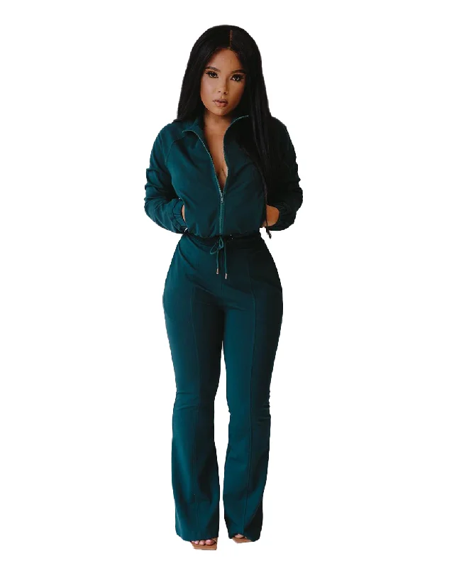 Lady 2 Pcs Zipper Bell Bottoms Solid Color Casual Tracksuit Autumn Women Two Piece Set